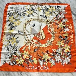 NORACORA Orange Silk Scarf Music Note Butterfly Print Square 21 x 21